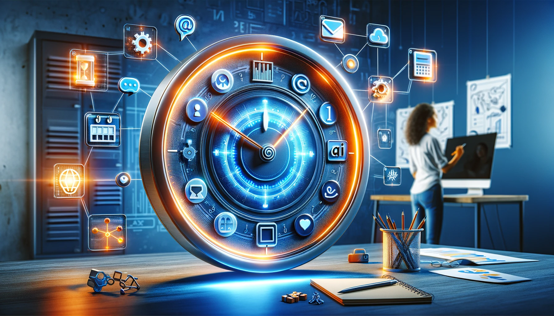 DALL·E 2024-05-22 21.59.27 – A hyper-realistic illustration of the theme ‘AI and More Time_ Automation of daily, routine tasks at work by AI saves time for more important, creativ