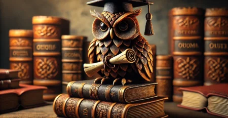DALL·E 2024-09-09 16.57.52 – An intricate and detailed scene of a wise owl wearing a black graduation cap, clutching a rolled diploma in its beak. The owl is perched atop a stack DALL·E 2024-09-09 16.57.52 – An intricate and detailed scene of a wise owl wearing a black graduation cap, clutching a rolled diploma in its beak. The owl is perched atop a stack