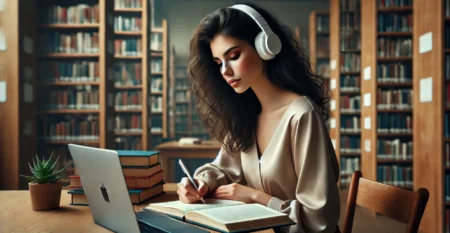 DALL·E 2024-07-25 16.04.41 – A young woman with dark curly hair, wearing a beige blouse, is sitting at a table in a library. She is writing in a notebook while wearing white headp DALL·E 2024-07-25 16.04.41 – A young woman with dark curly hair, wearing a beige blouse, is sitting at a table in a library. She is writing in a notebook while wearing white headp